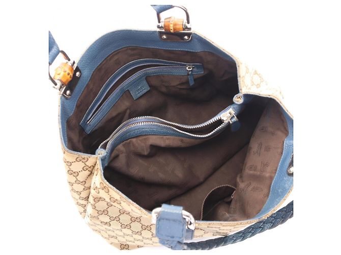 Borsa Tote Gucci Bamboo GG Canvas Blu Beige - vista 3