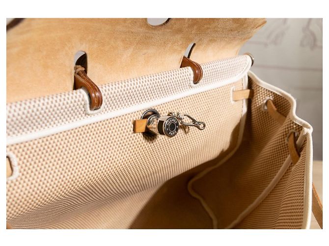 Hermès Herbag GM in tela beige e pelle naturale Marrone - vista 10