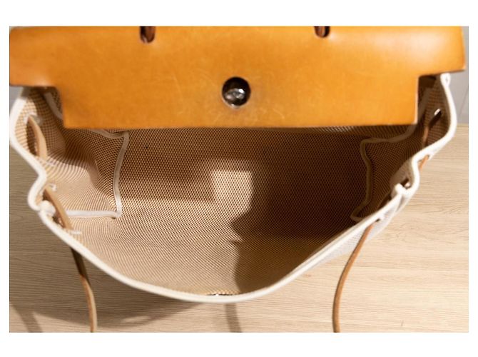 Hermès Herbag GM in tela beige e pelle naturale Marrone - vista 11