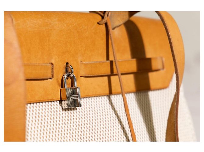 Hermès Herbag GM in tela beige e pelle naturale Marrone - vista 13