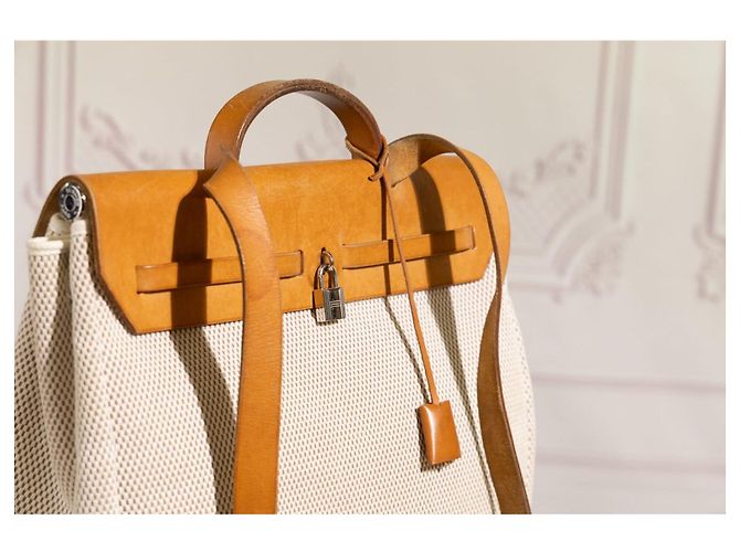Hermès Herbag GM in tela beige e pelle naturale Marrone - vista 14