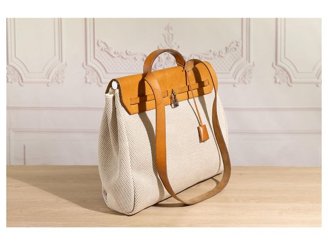 Hermès Herbag GM in tela beige e pelle naturale Marrone - vista 15
