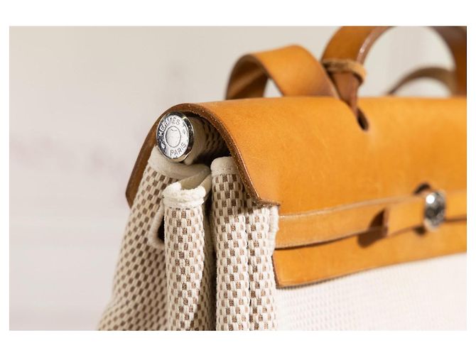 Hermès Herbag GM in tela beige e pelle naturale Marrone - vista 16