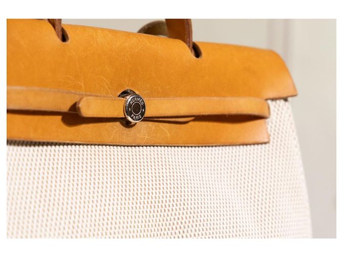 Hermès Herbag GM in tela beige e pelle naturale Marrone - vista 2