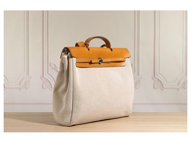 Hermès Herbag GM in tela beige e pelle naturale Marrone - vista 3