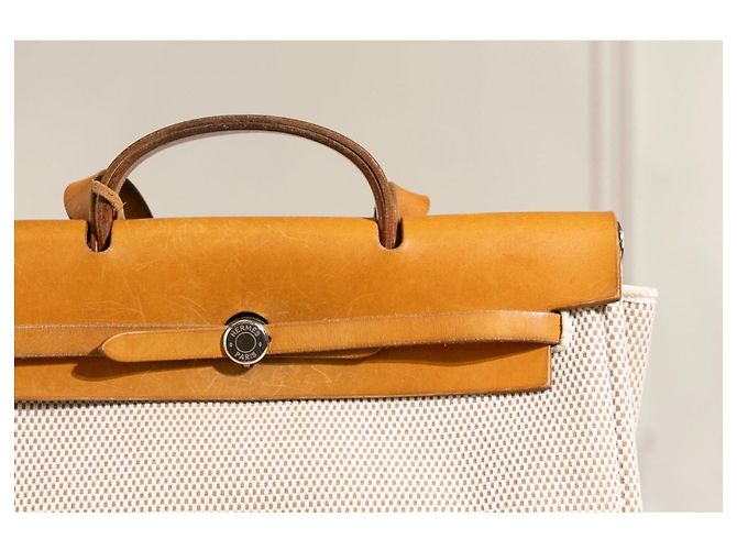 Hermès Herbag GM in tela beige e pelle naturale Marrone - vista 4