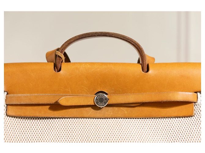 Hermès Herbag GM in tela beige e pelle naturale Marrone - vista 5