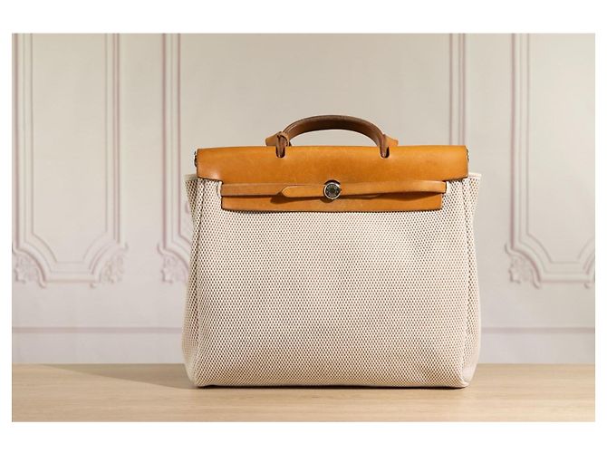 Hermès Herbag GM in tela beige e pelle naturale Marrone - vista 6