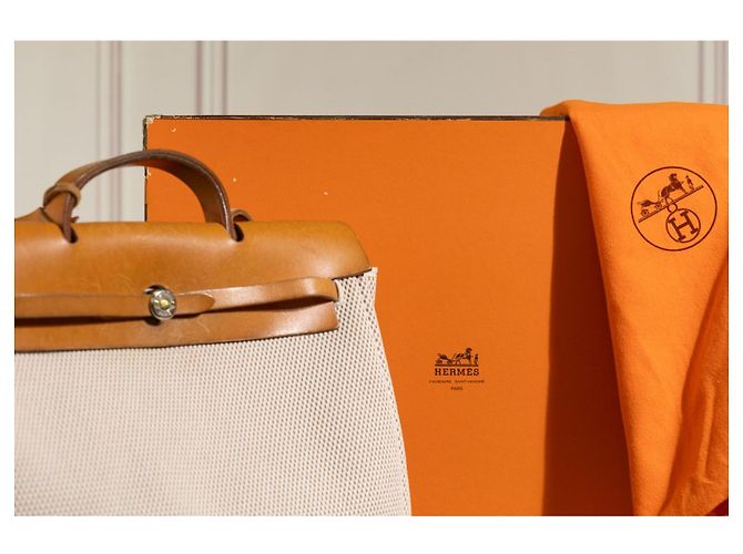 Hermès Herbag GM in tela beige e pelle naturale Marrone - vista 8