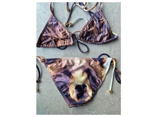 Autre Marque Conjunto de Bikini Triángulo Estampado Animal Handsome Castaño Negro Blanco Púrpura - vista 5