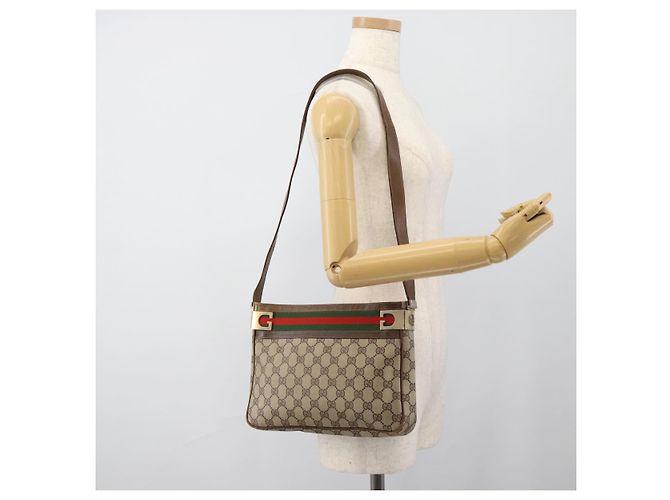 Borsa a tracolla GUCCI GG Supreme Web Sherry Line PVC Beige Oro Auth 186802 D'oro - vista 21