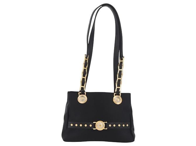 Borsa a Spalla VERSACE Nylon Nero Oro Auth 185860 D'oro - vista 13