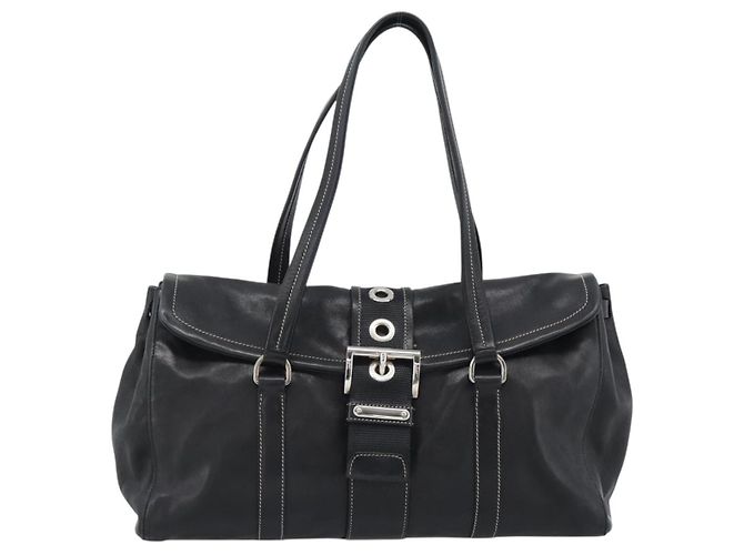 Bolso Tote PRADA de piel negro con detalles plateados Auth 187659V Plata - vista 2