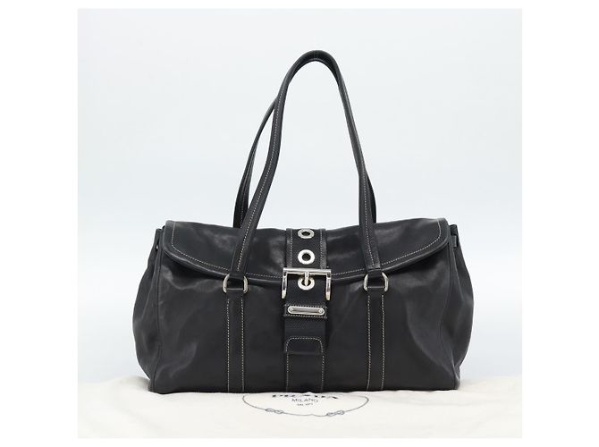 Bolso Tote PRADA de piel negro con detalles plateados Auth 187659V Plata - vista 24