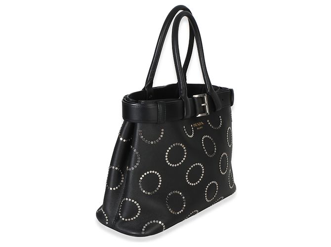 Tote Bolsa Prada de fivela grande com tachas em couro de bezerro de grão macio preto com cinto - vista 4