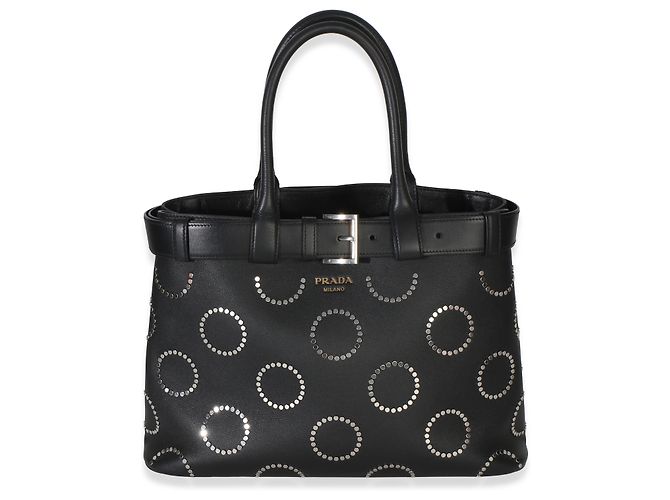 Tote Bolsa Prada de fivela grande com tachas em couro de bezerro de grão macio preto com cinto - vista 8