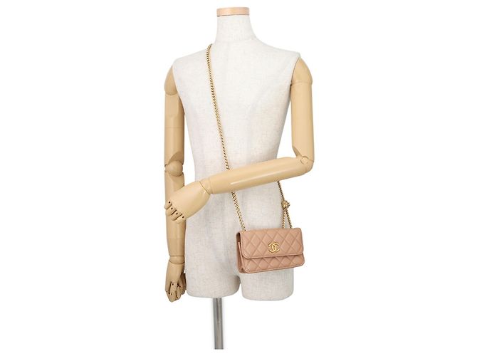 Pochette per telefono con catena Chanel Matelassé Coco Mark in agnello AP3047 Beige - vista 4