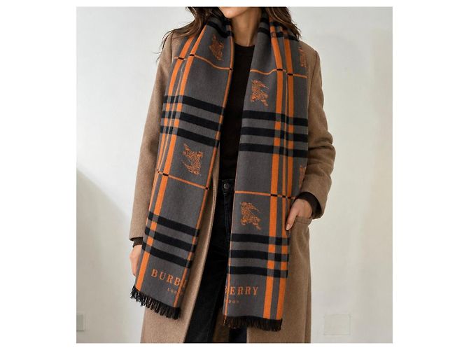 Sciarpa Burberry Check in Cashmere e Lana - Arancione e Grigio - vista 2
