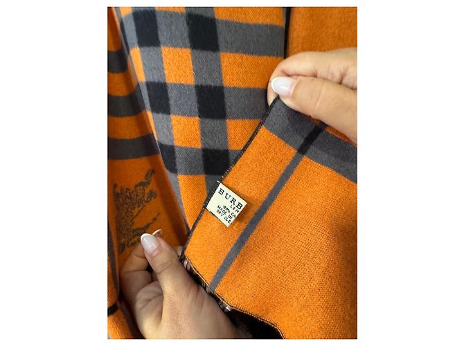 Sciarpa Burberry Check in Cashmere e Lana - Arancione e Grigio - vista 6