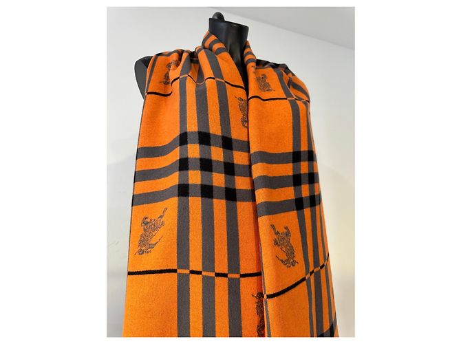 Sciarpa Burberry Check in Cashmere e Lana - Arancione e Grigio - vista 7