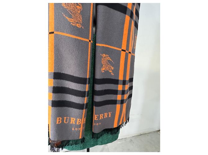Sciarpa Burberry Check in Cashmere e Lana - Arancione e Grigio - vista 8