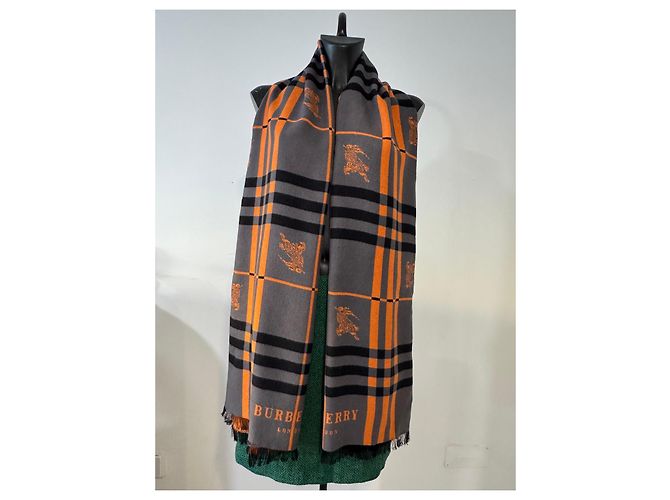 Sciarpa Burberry Check in Cashmere e Lana - Arancione e Grigio - vista 9