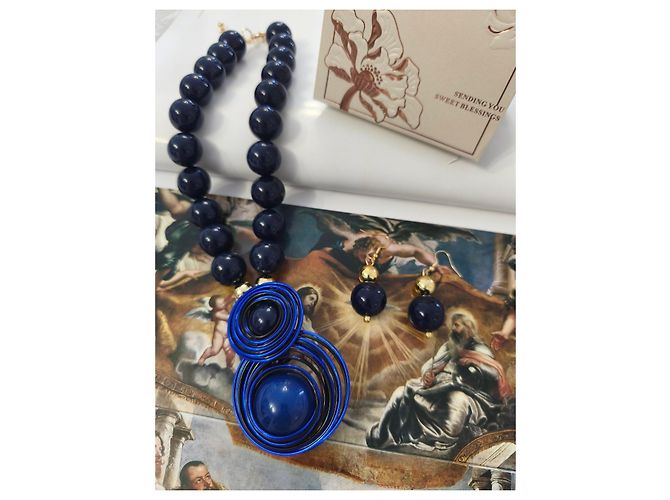Autre Marque Set Gioielli Collana e Orecchini Blu con Pendente D'oro Blu scuro - vista 4