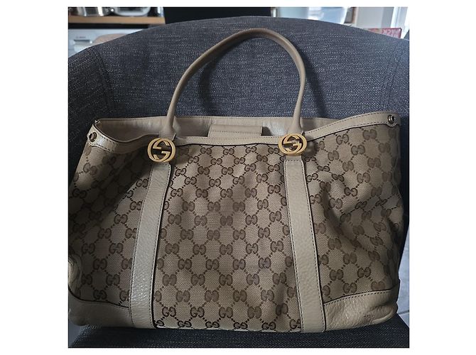 Borsa Tote Gucci GG Supreme in Tela e Pelle Beige Marrone - vista 3
