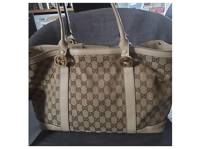 Borsa Tote Gucci GG Supreme in Tela e Pelle Beige Marrone - vista 5