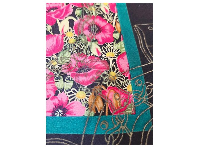 Foulard in seta Gucci Floral Archivio anni 80 Nero Rosa Verde Porpora Gold hardware - vista 13