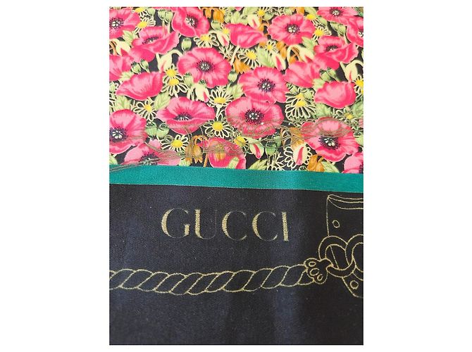 Foulard in seta Gucci Floral Archivio anni 80 Nero Rosa Verde Porpora Gold hardware - vista 4
