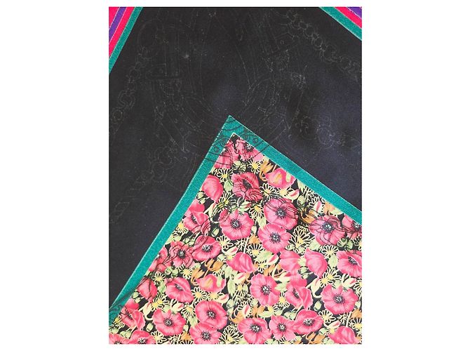 Foulard in seta Gucci Floral Archivio anni 80 Nero Rosa Verde Porpora Gold hardware - vista 7