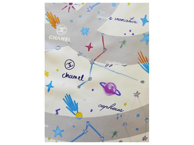 Chanel Constellations Seidentuch Weiß Blau Grün Orange Grau Lila Gelb - Ansicht 9
