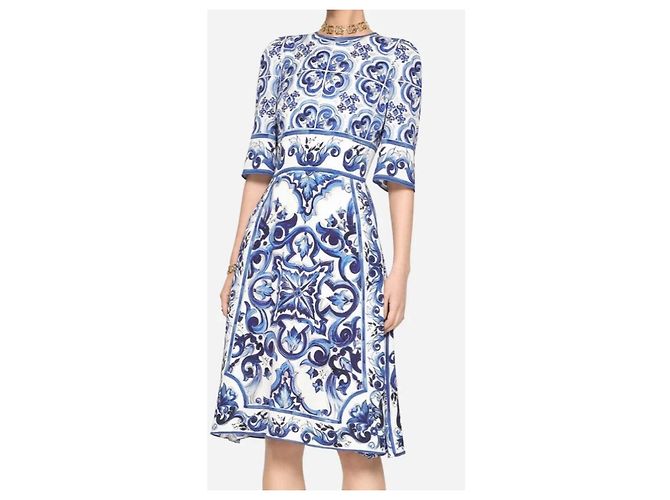 Dolce & Gabbana Blu Mediterraneo Majolica Seidenmaxikleid Weiß Blau - Ansicht 11