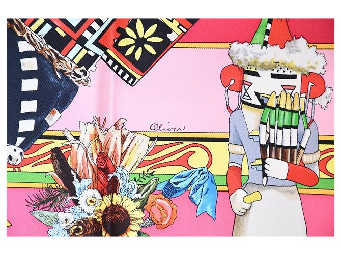 Carré Hermès Kachina di Kermit Oliver 90cm in seta - Rosa Nativo Marrone Nero Bianco Rosso Blu Verde Giallo - vista 10