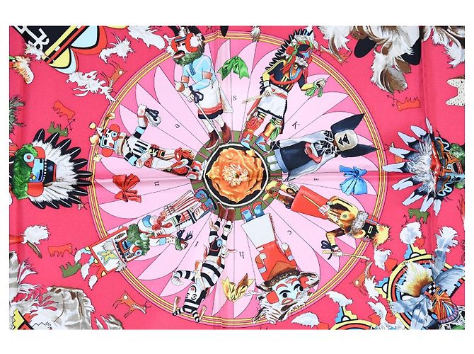 Carré Hermès Kachina di Kermit Oliver 90cm in seta - Rosa Nativo Marrone Nero Bianco Rosso Blu Verde Giallo - vista 2