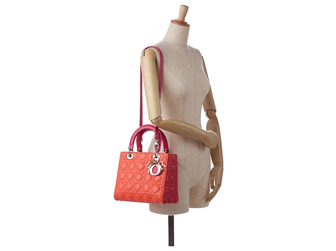Lady Dior aus zweifarbigem orangefarbenem Lammleder, Größe Medium - Ansicht 13