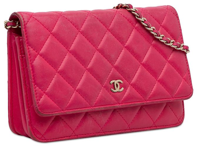 Wallet On Chain Portafoglio con catena in agnello classico rosa Chanel - vista 2