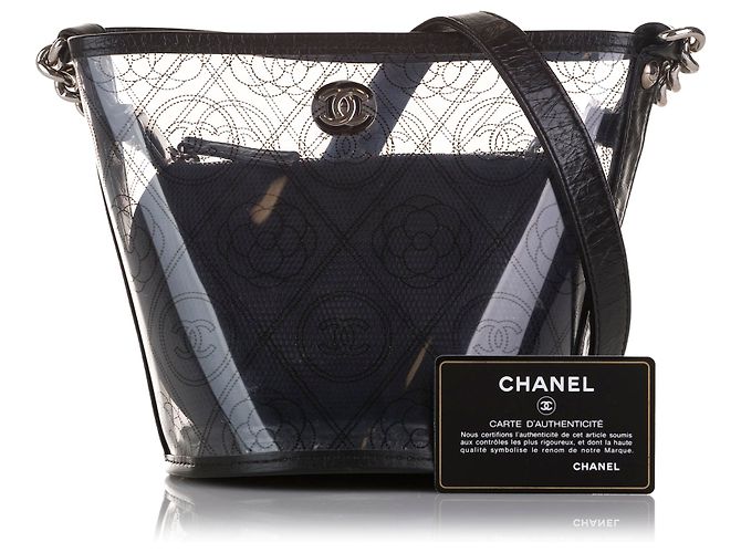 Chanel Bucket in pelle di vitello stropicciata nera e PVC Camellia Nero - vista 10