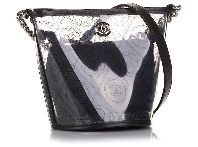 Chanel Bucket in pelle di vitello stropicciata nera e PVC Camellia Nero - vista 2