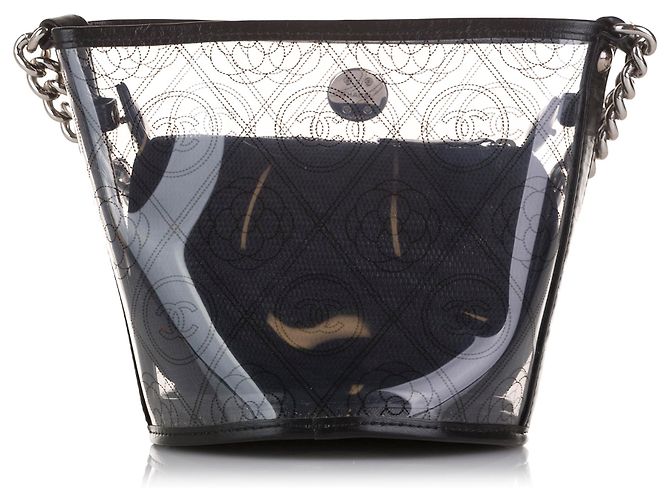 Chanel Bucket in pelle di vitello stropicciata nera e PVC Camellia Nero - vista 3