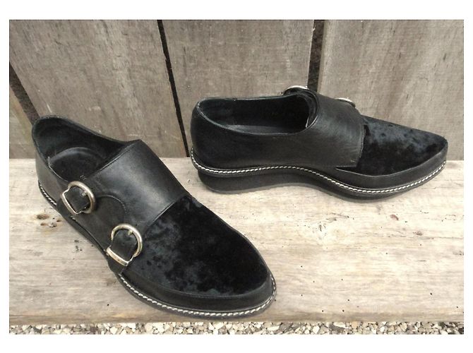 Autre Marque Mocassini Slack London in pelle nera e velluto con doppia fibbia - vista 2