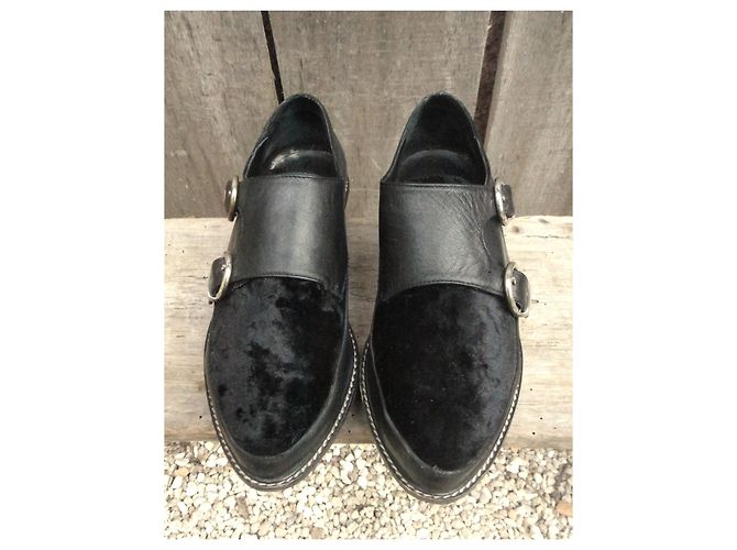 Autre Marque Mocassini Slack London in pelle nera e velluto con doppia fibbia - vista 4