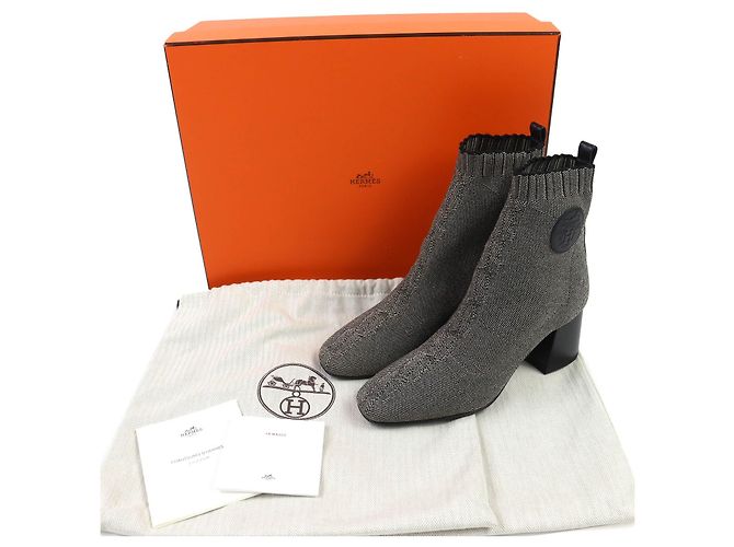 Hermès Hermes Volver Stricktechnisches Gewebe und Leder Kurzstiefel Braun Schwarz - Ansicht 2