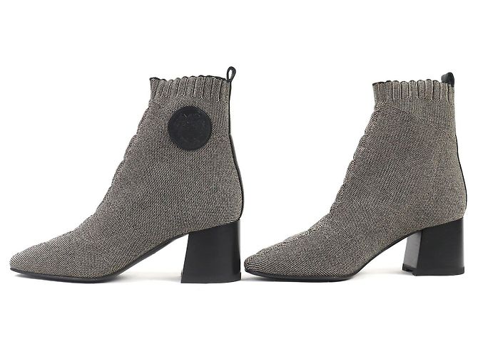 Hermès Hermes Volver Stricktechnisches Gewebe und Leder Kurzstiefel Braun Schwarz - Ansicht 3