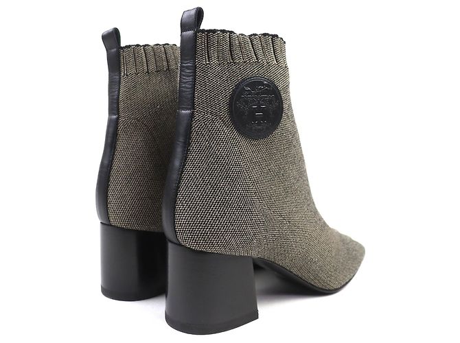 Hermès Hermes Volver Stricktechnisches Gewebe und Leder Kurzstiefel Braun Schwarz - Ansicht 7