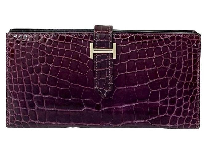 Béarn Hermès Portafoglio lungo Hermes Bearn Soufflet Alligator Porpora - vista 2