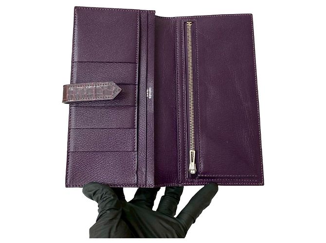 Béarn Hermès Portafoglio lungo Hermes Bearn Soufflet Alligator Porpora - vista 8