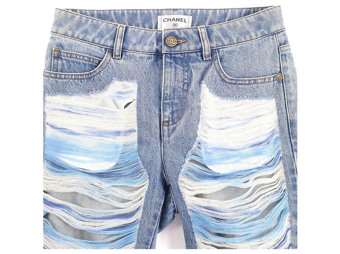 Chanel COCO Knopf Denim-Hose mit Distressed-Tüll Blau - Ansicht 3