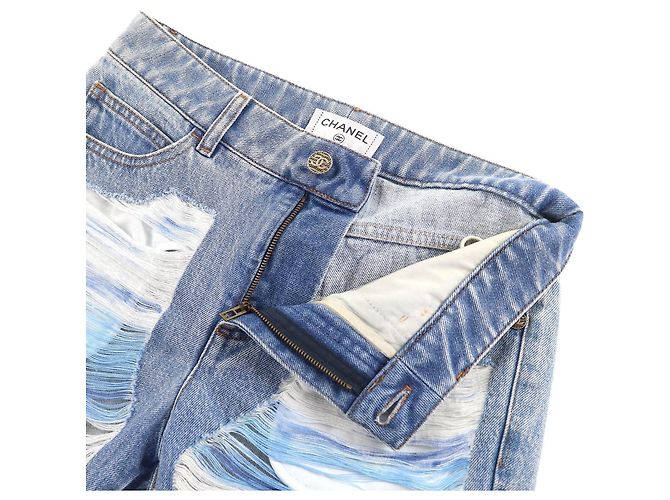 Chanel COCO Knopf Denim-Hose mit Distressed-Tüll Blau - Ansicht 5